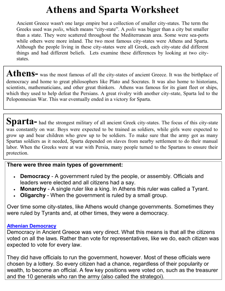 Athens And Sparta Worksheet Ancient Greece