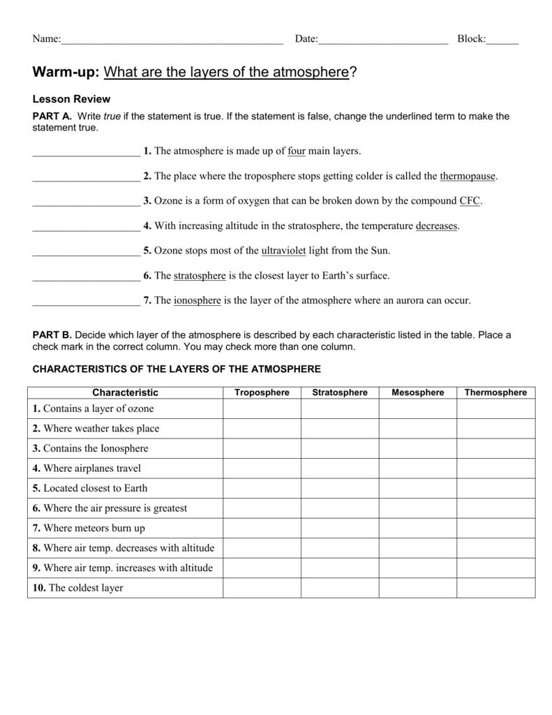 Atmosphere Layers Worksheet Science Review