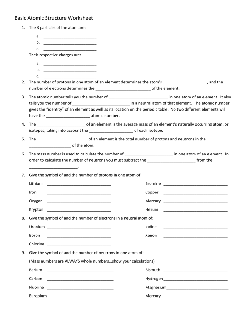 Atomic Structure Worksheet Protons Neutrons Electrons