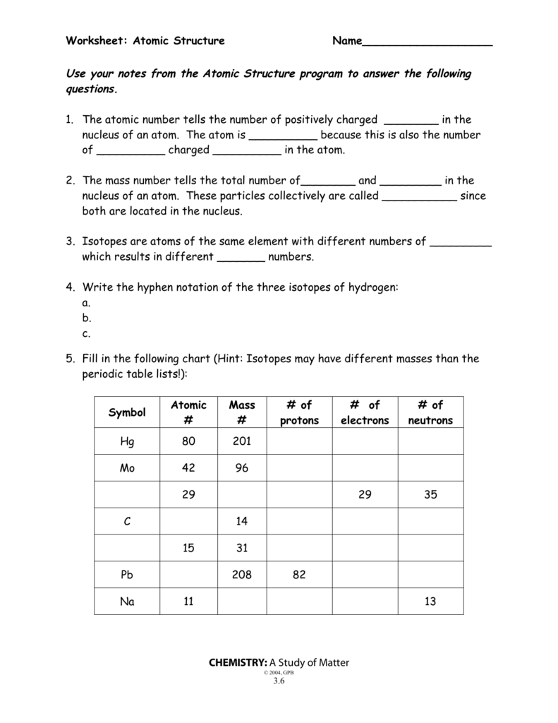 Atomic Structure Worksheet Protons Neutrons Isotopes Atomic Structure Worksheet Protons Neutrons Isotopes