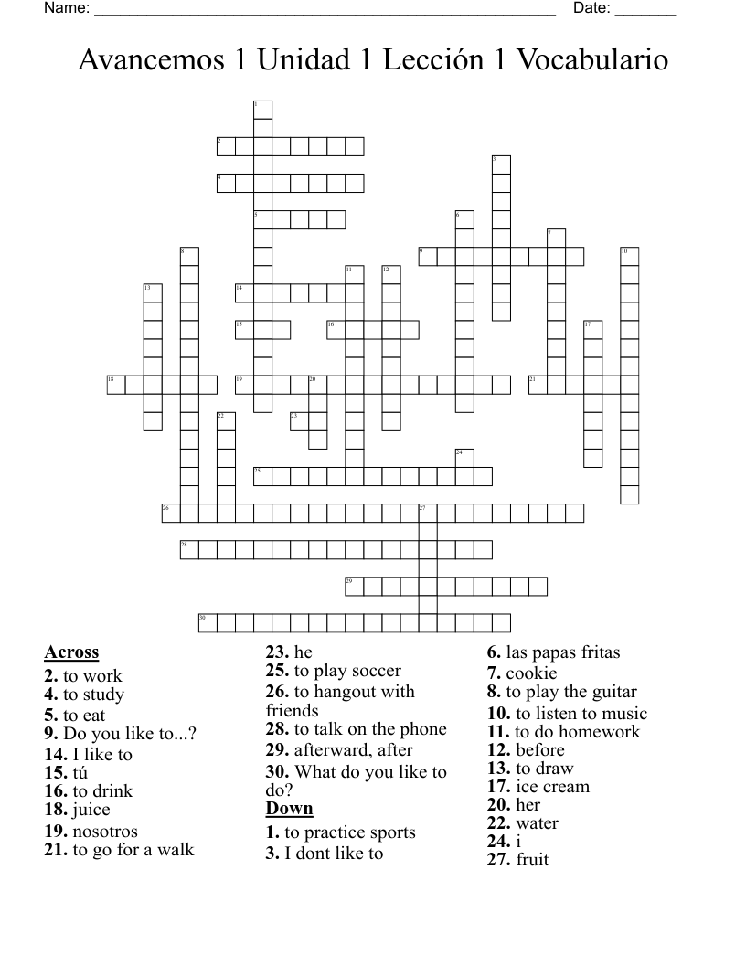 Avancemos 1 Unidad 1 Lecci n 1 Vocabulario Crossword WordMint
