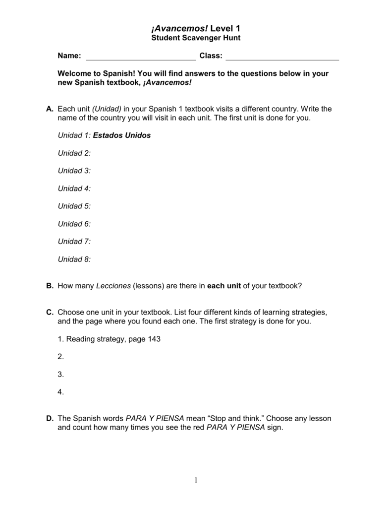 Avancemos Level 1 Spanish Textbook Scavenger Hunt