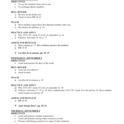 Avancemos Spanish 1 Lesson Plans Preliminary Unit 1