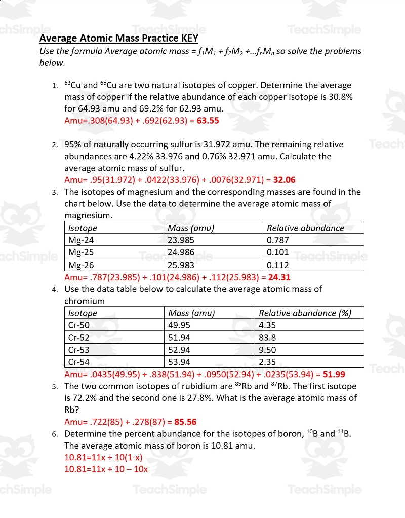 Average Atomic Mass Practice By Teach Simple