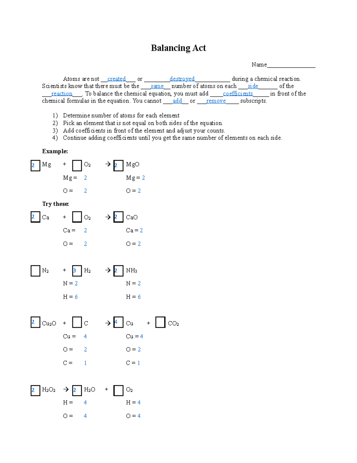 Balancing Act Practice Chemical Reactions CHEM101 Notes Studocu