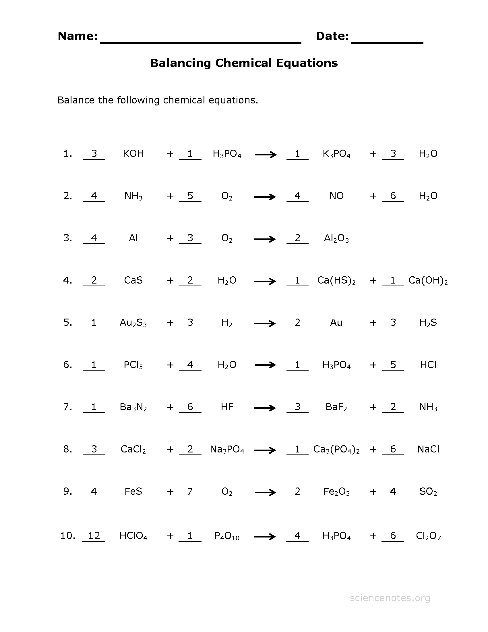 Balancing Chemical Equations Practice Sheet Balancing Chemical Equations Practice Sheet