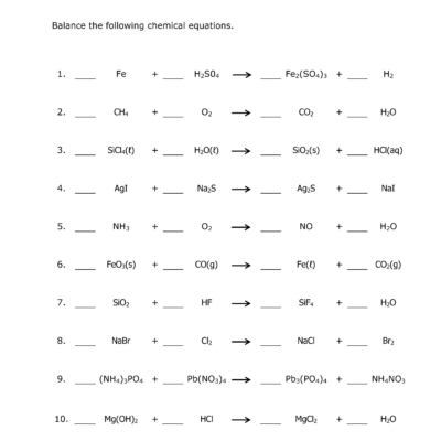 Balancing Chemical Equations Worksheet