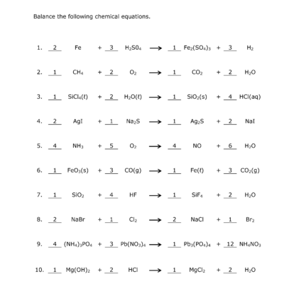 Balancing Chemical Equations Worksheet