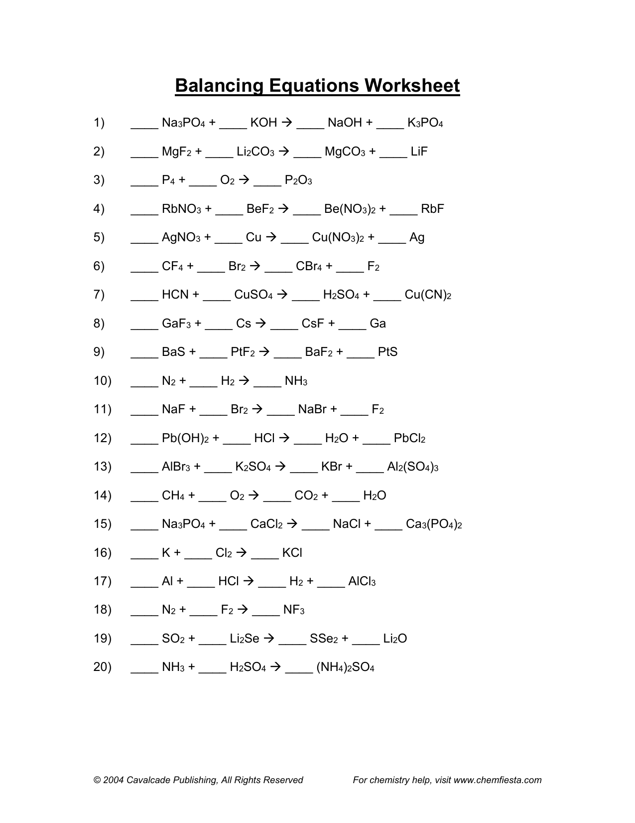 Balancing Chemical Equations Worksheet