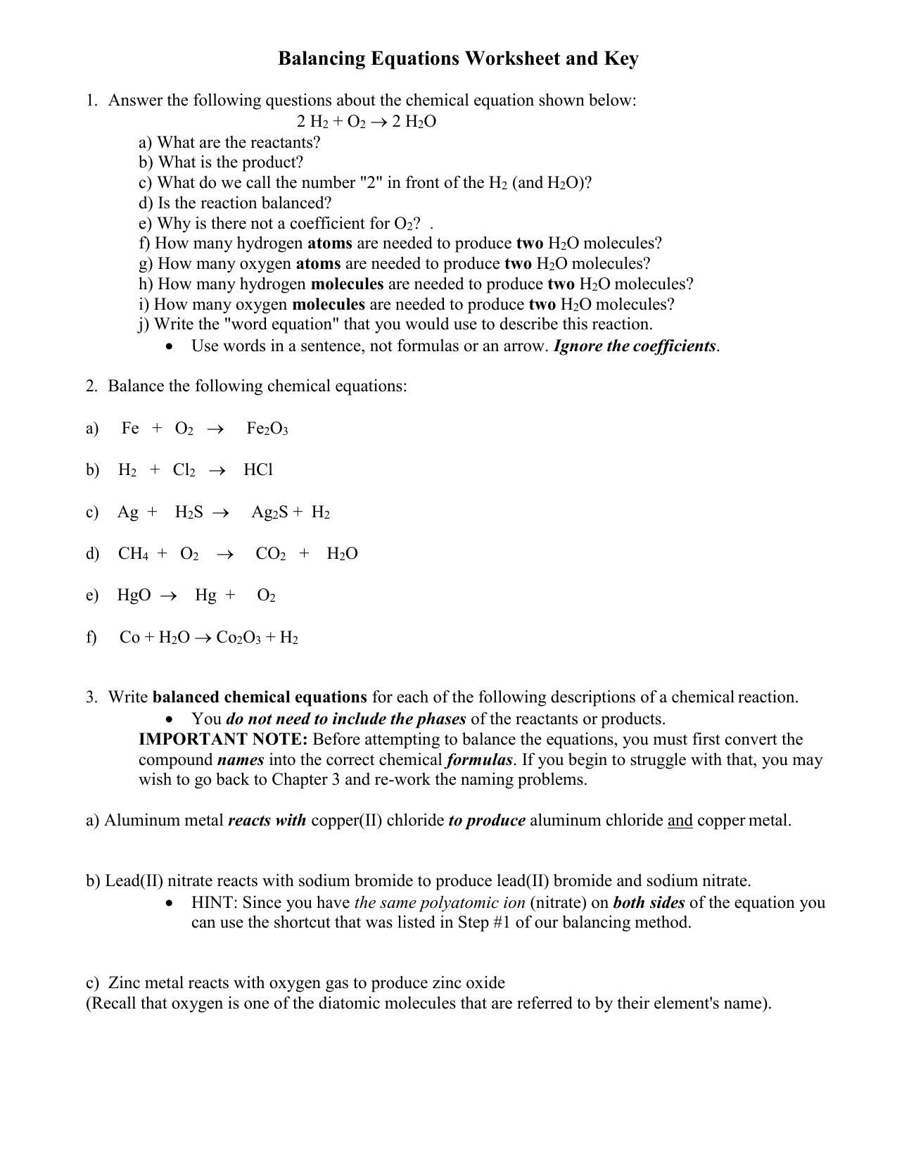balancing chemical equations worksheet answer sheet