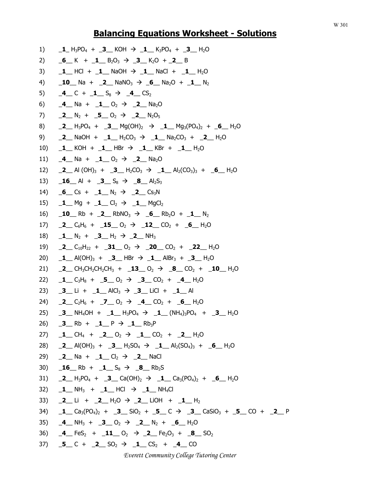 Balancing Chemical Equations Worksheet With Solutions