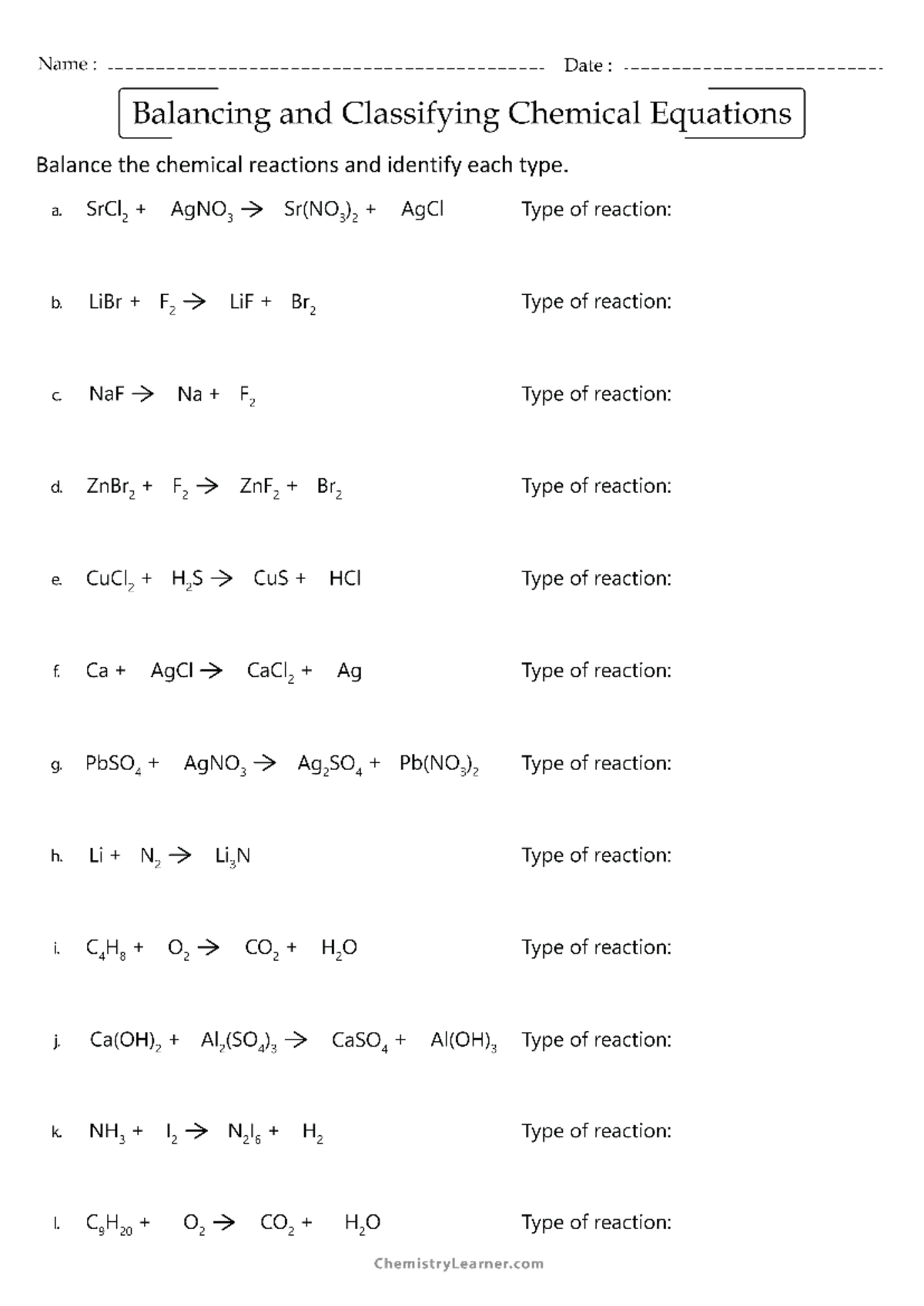 Balancing Classifying Chem Equations Worksheet With Answers Studocu