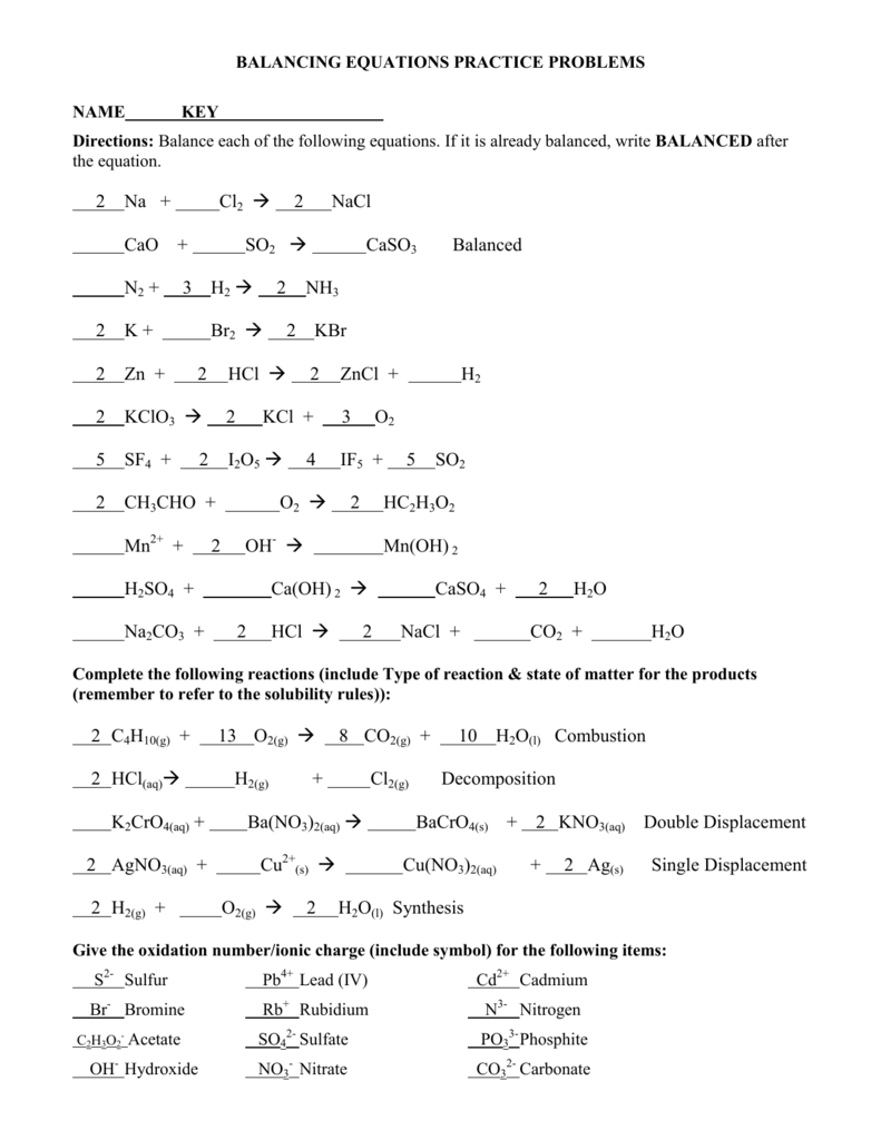 balancing equations practice worksheet with answers balancing equations practice worksheet with answers