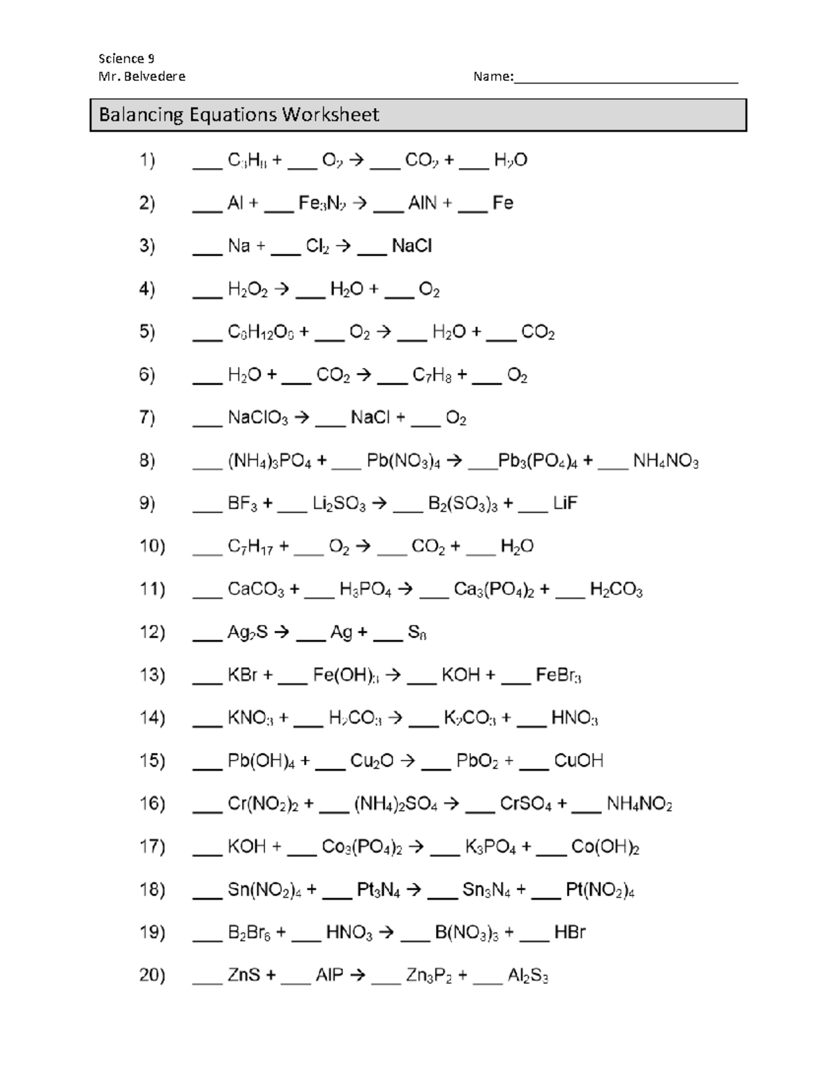 Balancing Equations Worksheet Answers 11 15 For Science 9 Studocu
