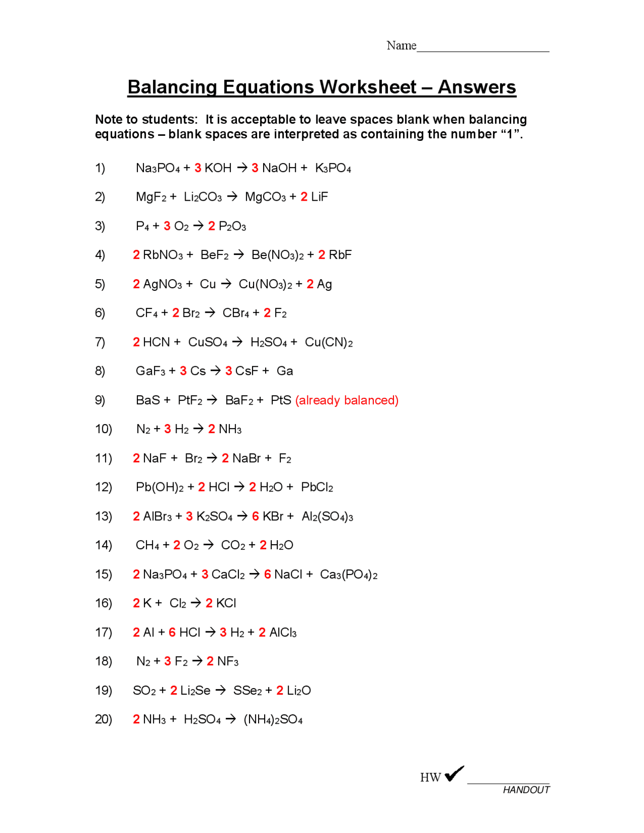 balancing equations worksheet and answer key