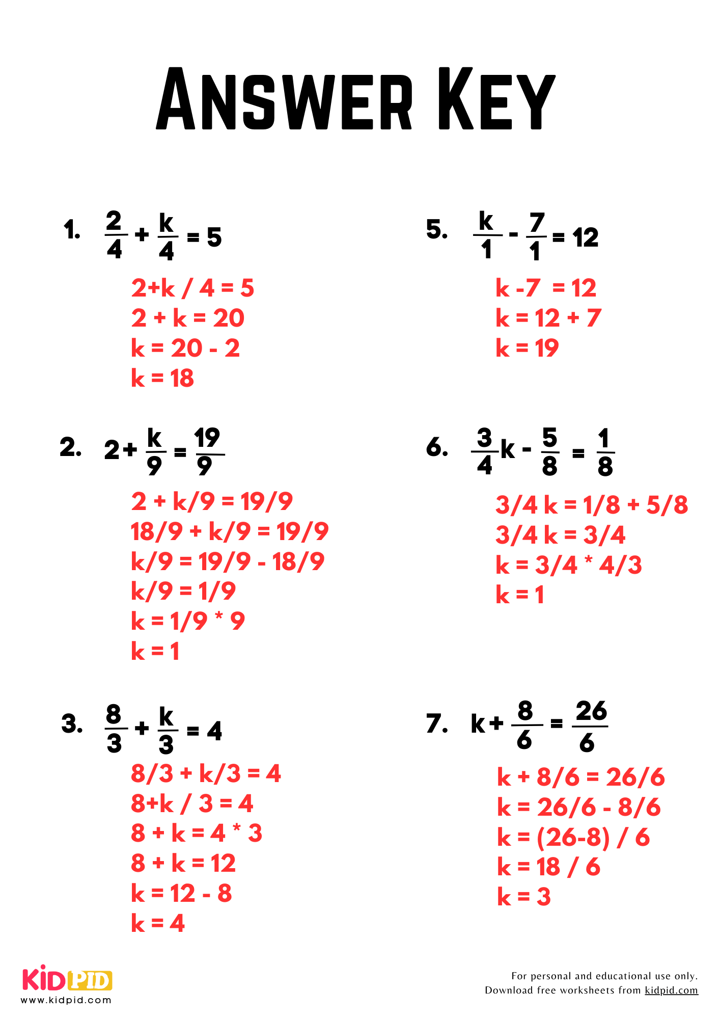 Basic Algebra With Fractions Worksheet For Grade 5 Kidpid