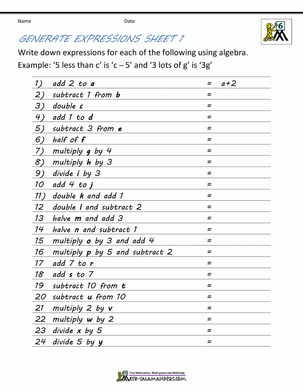 Basic Algebra Worksheets