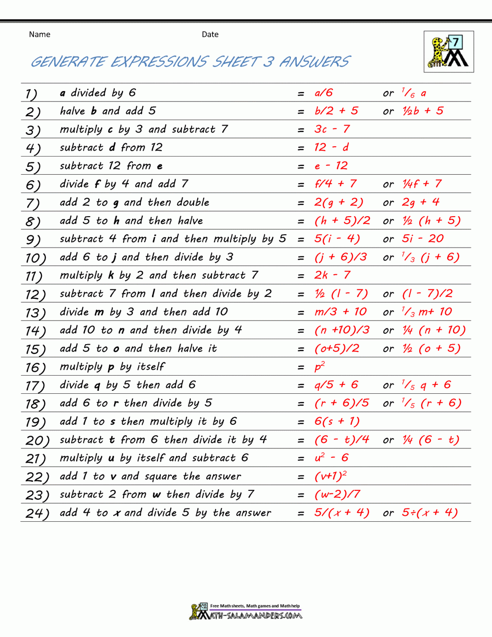 Basic Algebra Worksheets Basic Algebra Worksheets