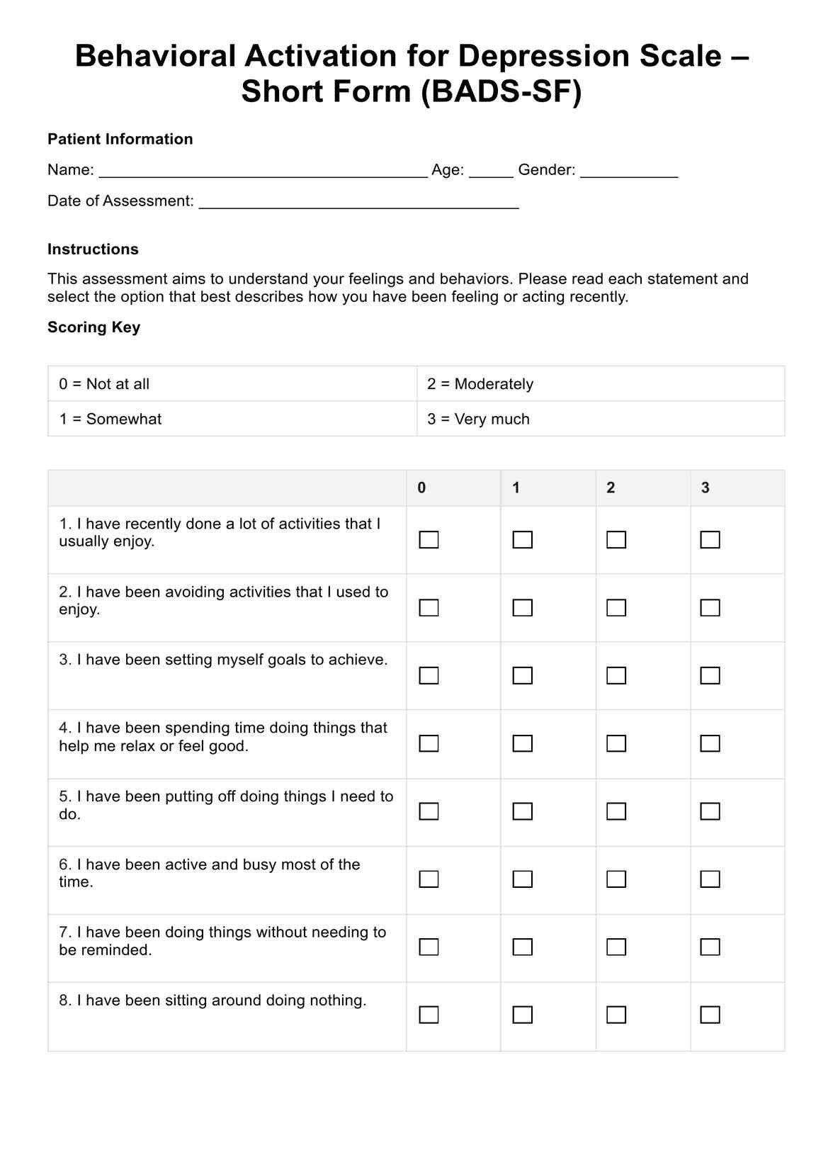 Behavioral Activation For Depression Scale Short Form BADS SF 