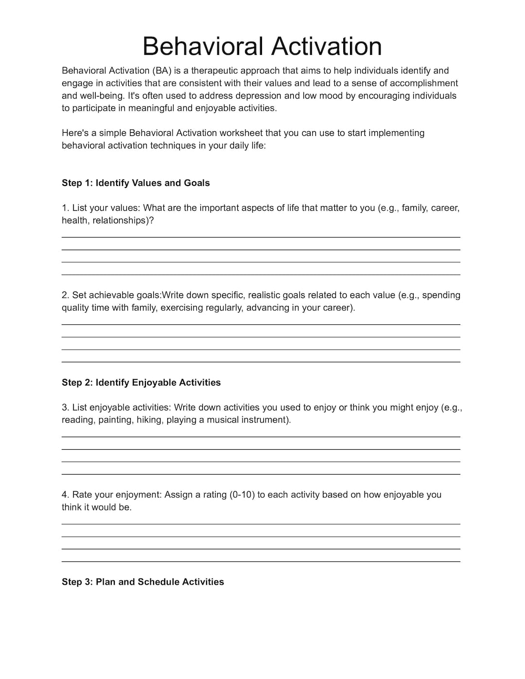 Behaviroral Activation Worksheet Depression Worksheet CBT Worksheet Therapy Tool Etsy