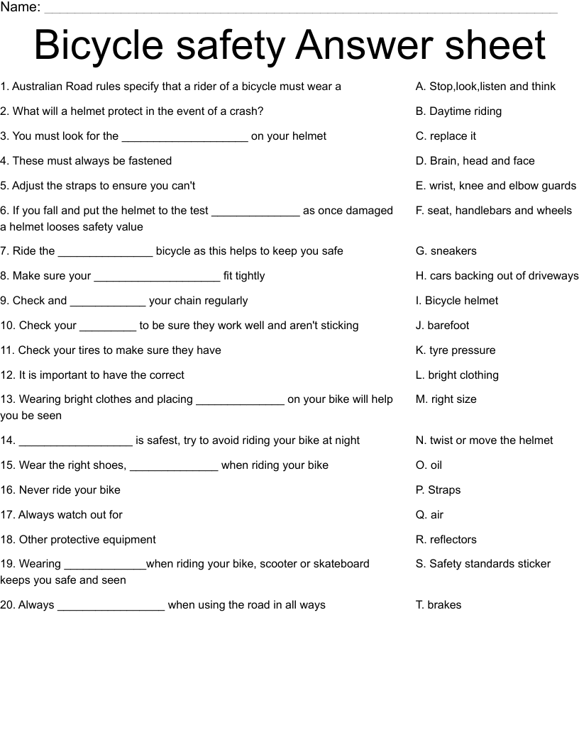 Bicycle Safety Answer Sheet Worksheet WordMint