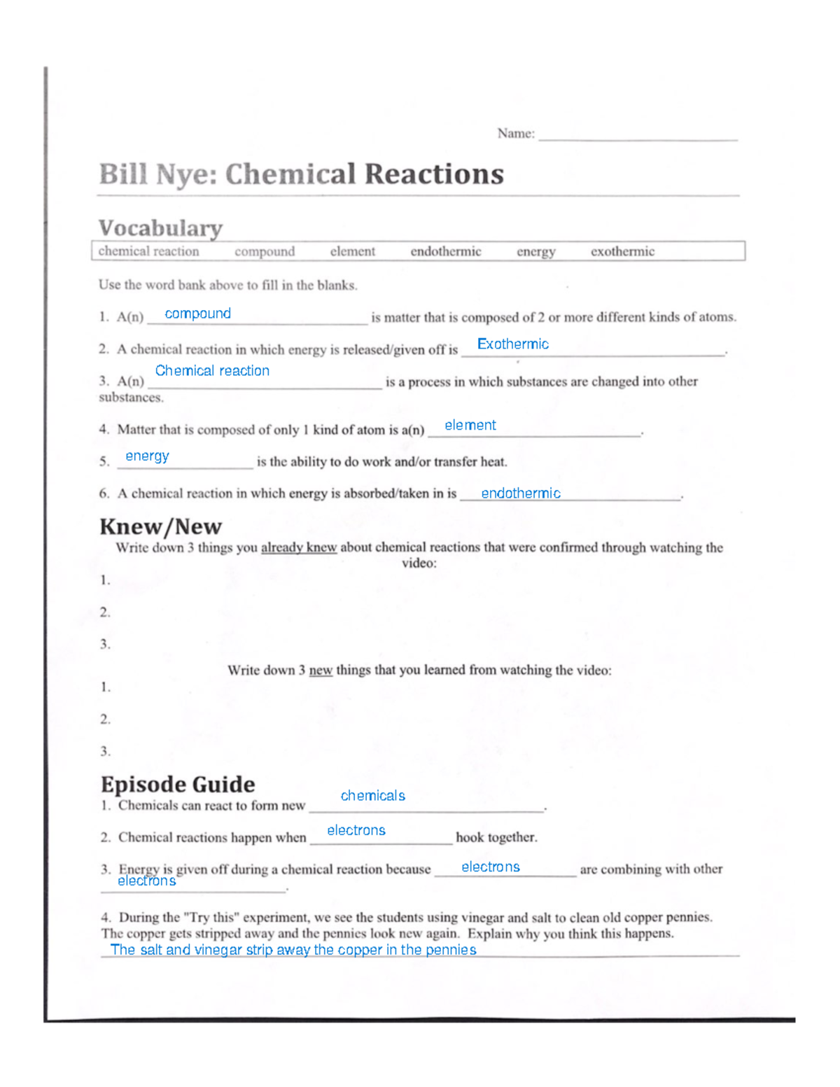 Bill Nye Chemical Reactions Studocu