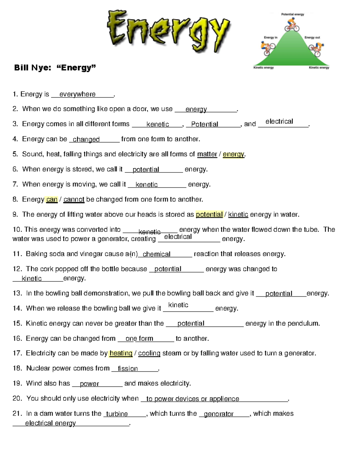 Bill Nye Energy Video Worksheet Science Class Studocu
