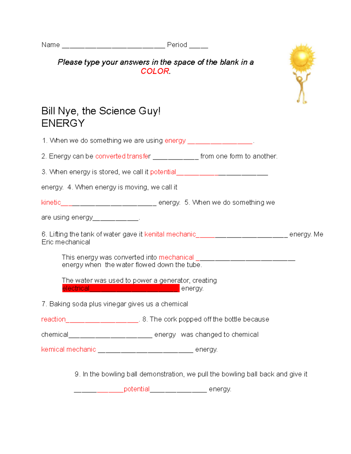 Bill Nye Energy Worksheet Student Notes Answers Studocu