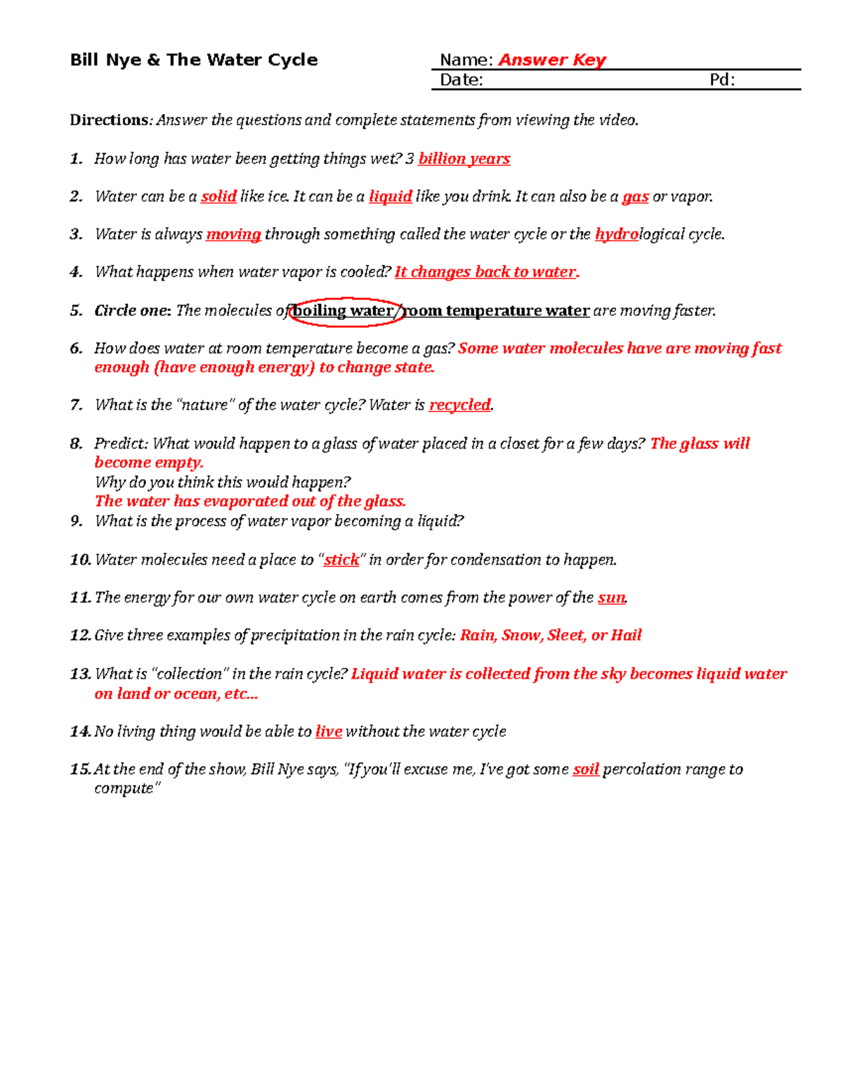 Bill Nye The Water Cycle Answer Key And Student Worksheet Studocu