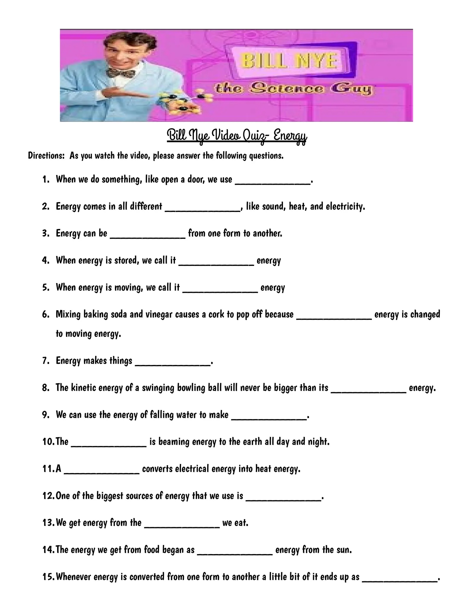 Bill Nye Video Quiz Energy Interactive Worksheet Edform Worksheets Library