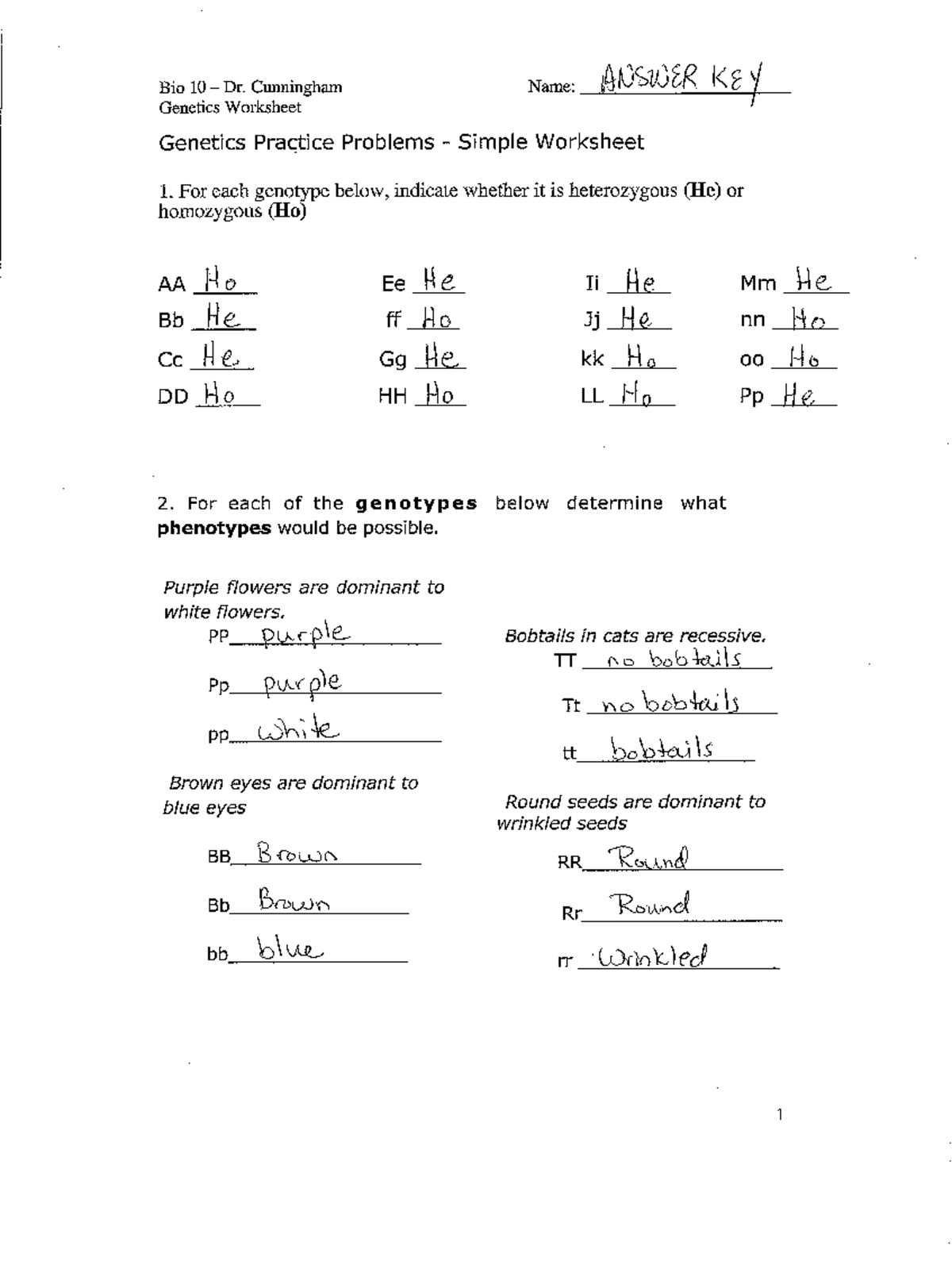 Bio 10 Dr Cunningham Genetics Practice Problems WS Answer Key Studocu Bio 10 Dr Cunningham Genetics Practice Problems WS Answer Key Studocu