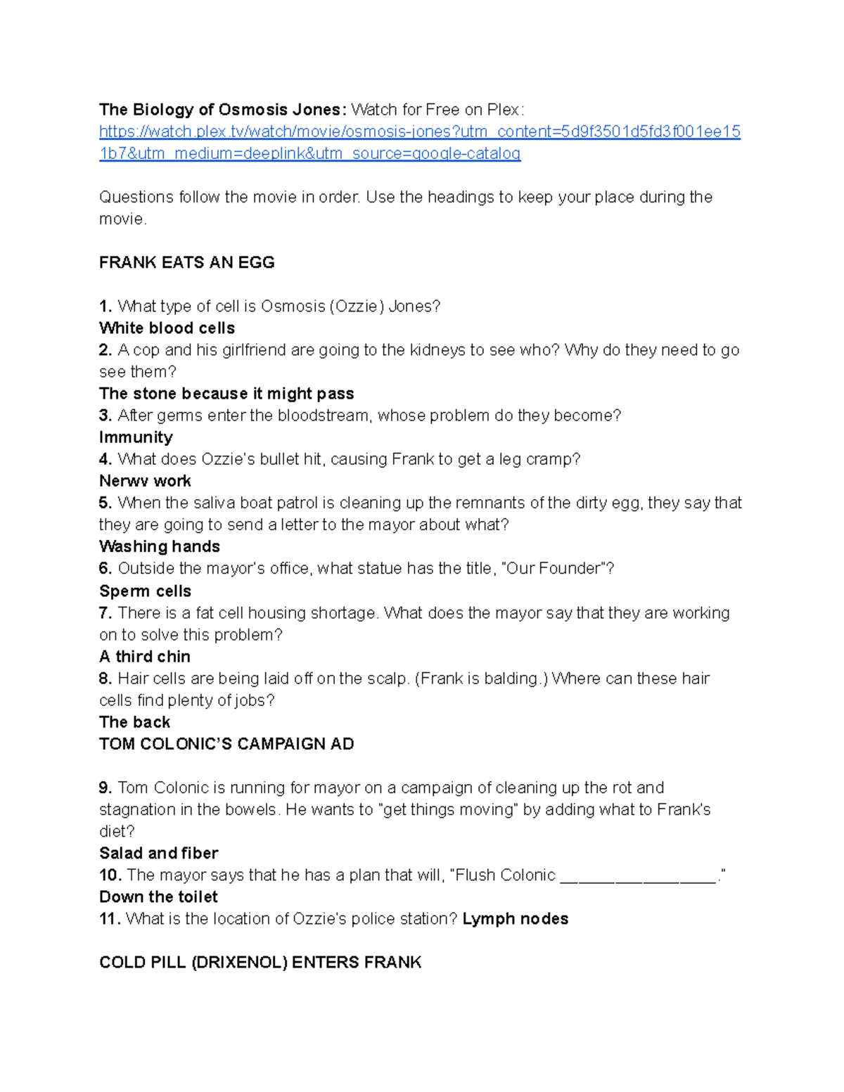 BIOL 101 Osmosis Jones Movie Notes Questions Analysis Studocu