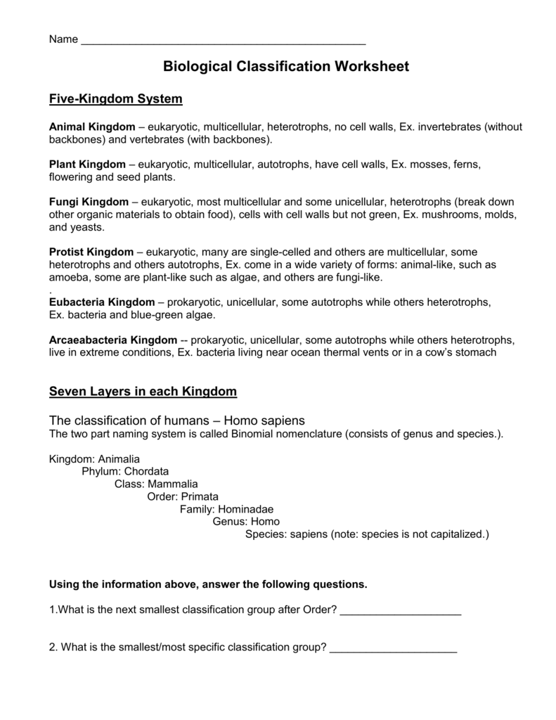 Biological Classification Worksheet Five Kingdoms