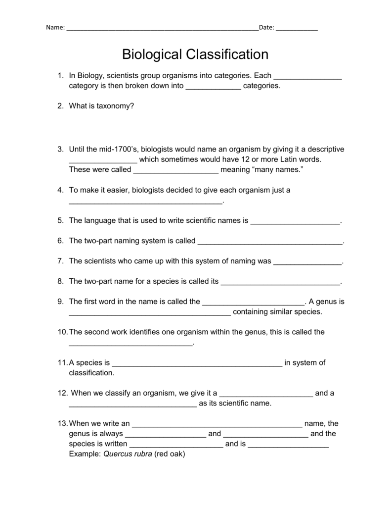 Biological Classification Worksheet Taxonomy Naming