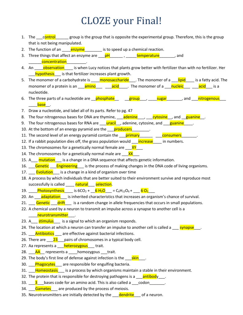 Biology Cloze Test Enzymes Genetics Evolution
