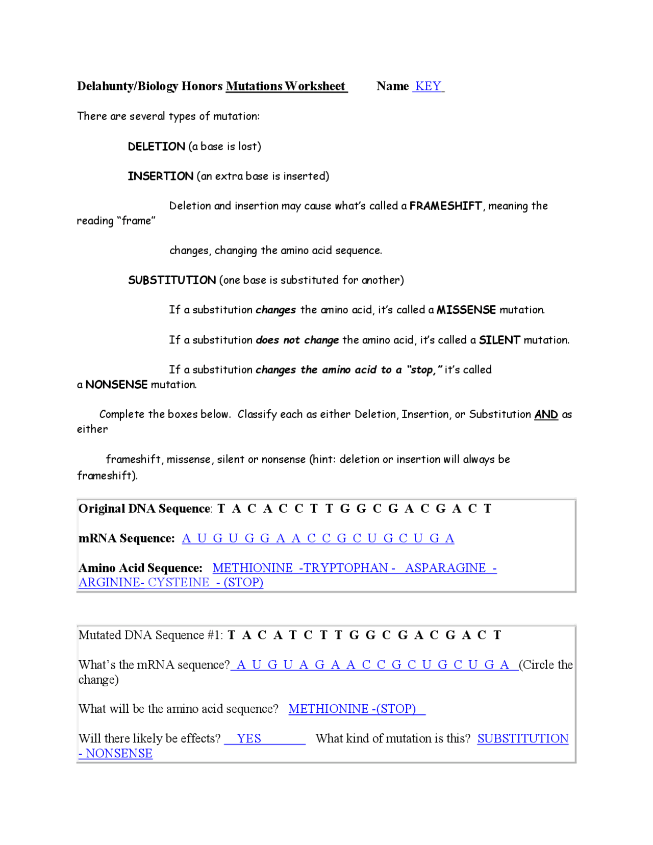 Biology Honors Mutations Worksheet Key Exercises Biology Docsity