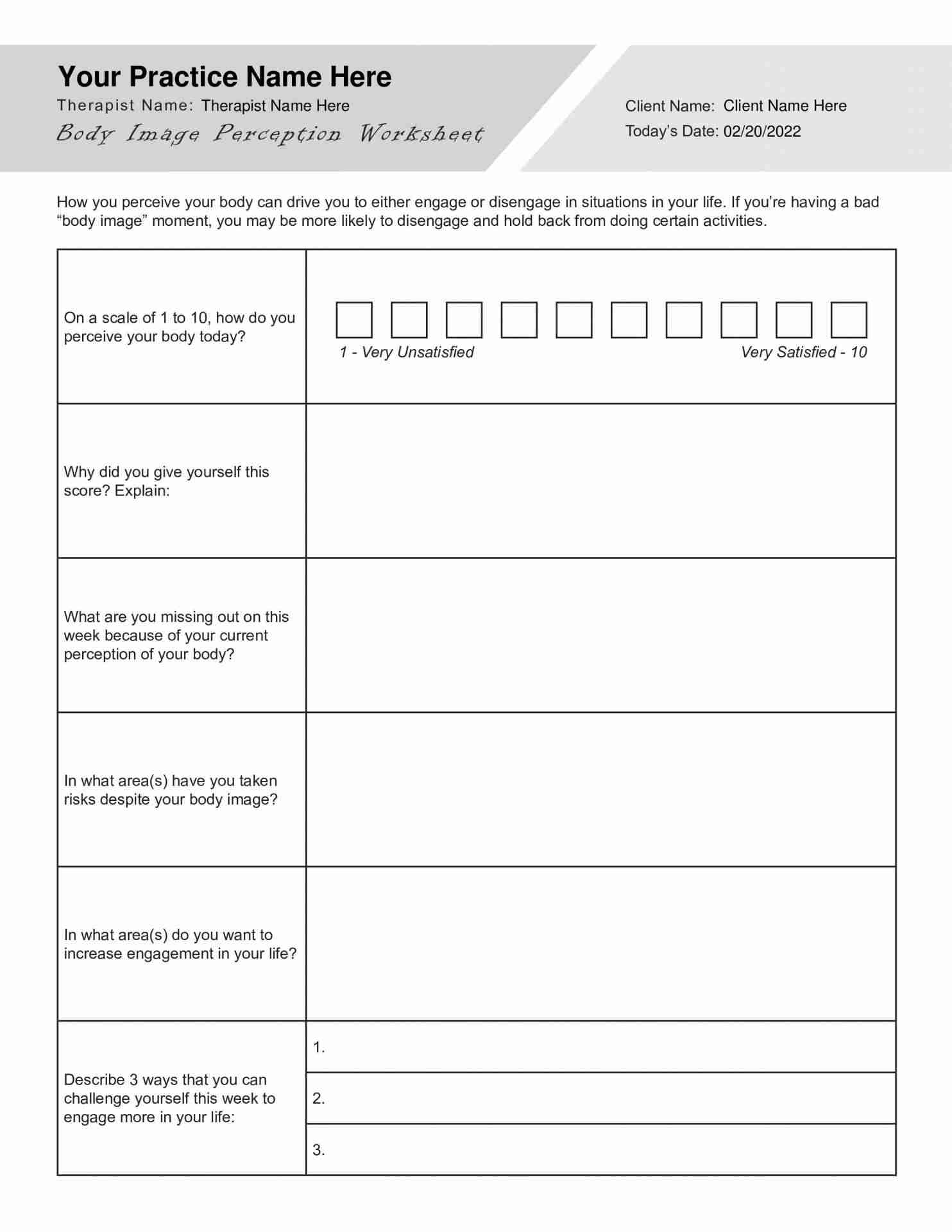 Body Image Perception Worksheet PDF TherapyByPro