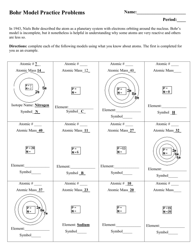 Bohr Model Practice Atomic Structure Worksheet