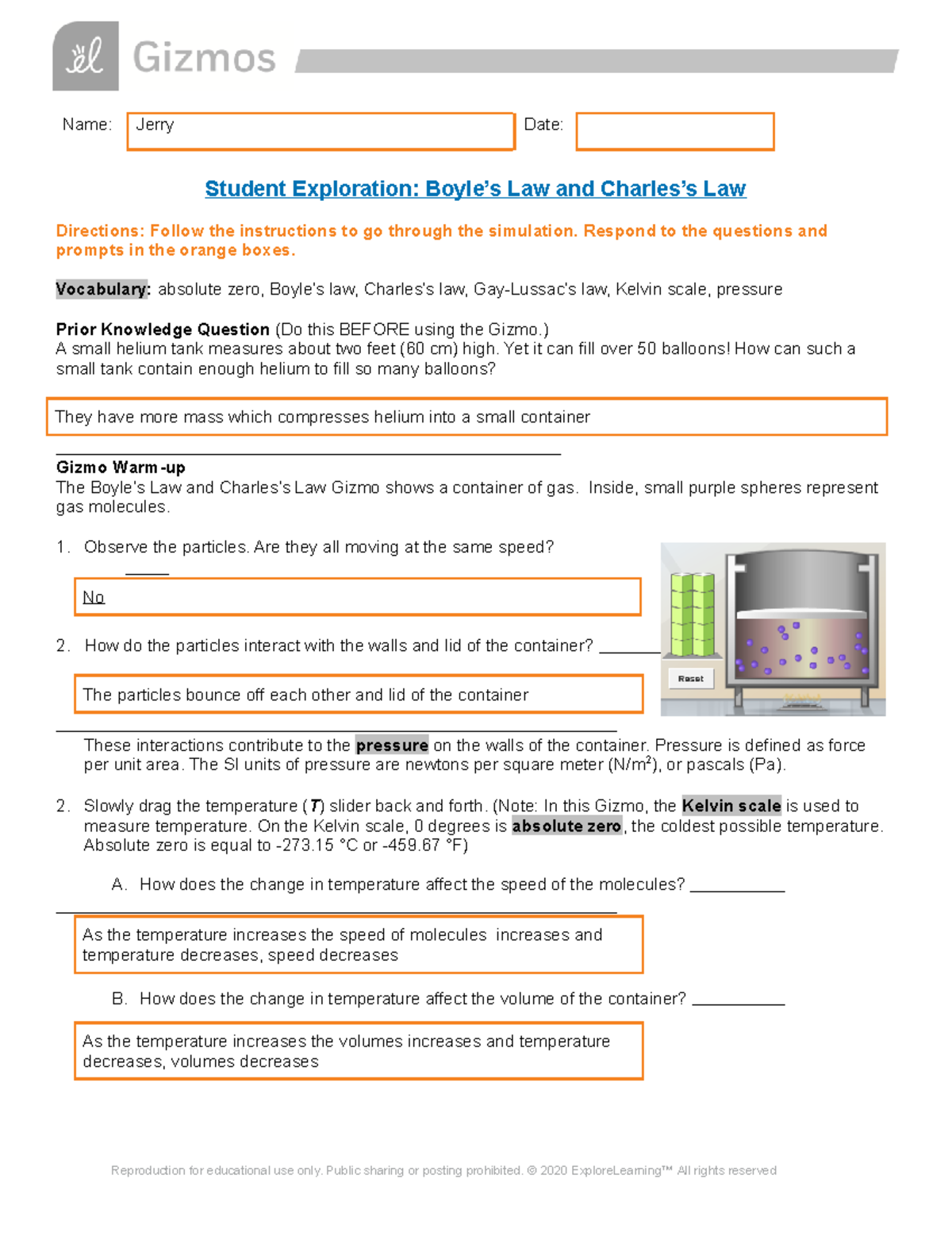 Boyle s And Charles s Laws Gizmo Worksheet Analysis Studocu