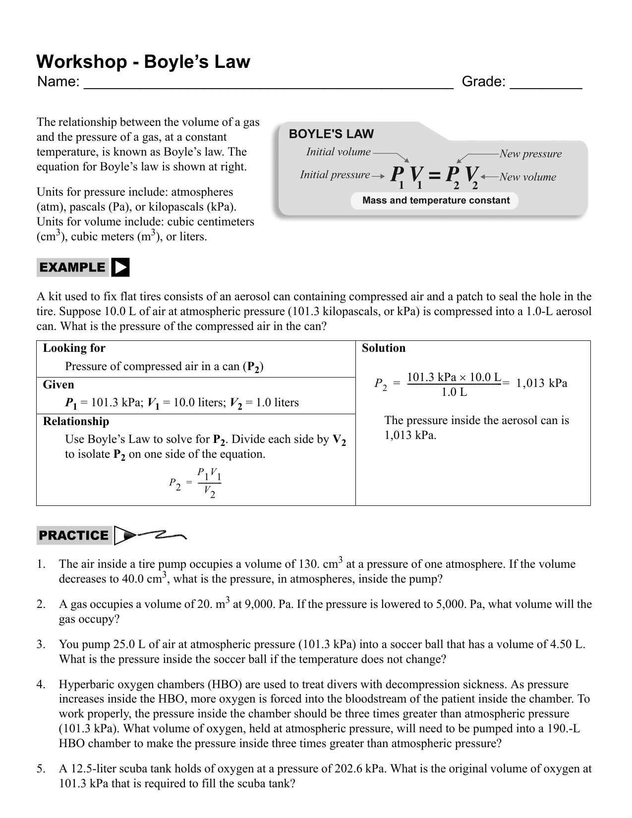 Boyle s Law Worksheet Pressure Volume Of Gases
