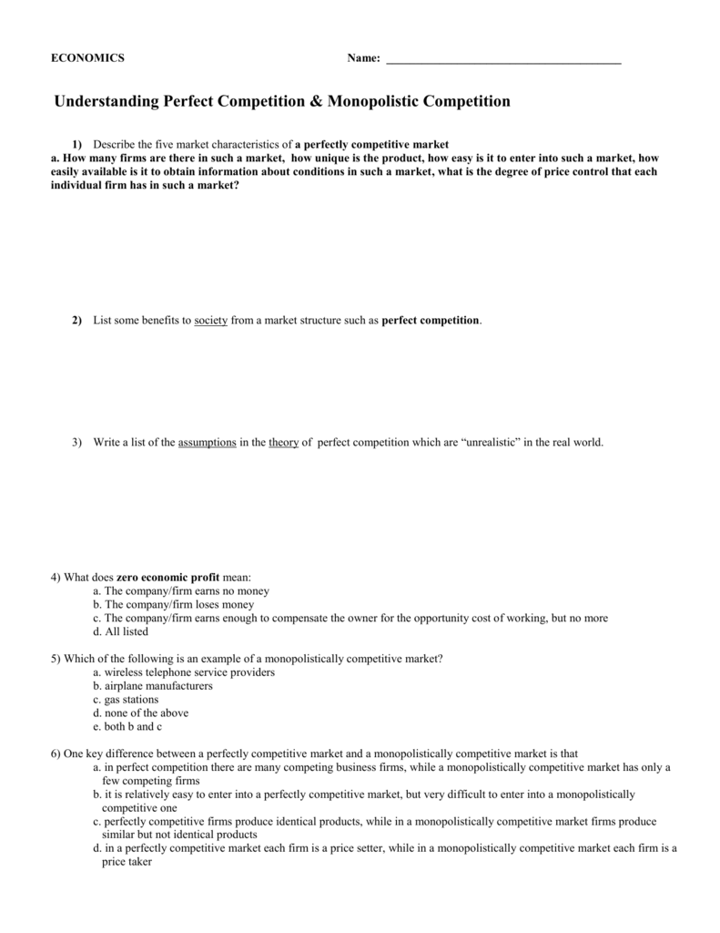C Mon April 7 Review Sheet Perfect Monopolistic Competition