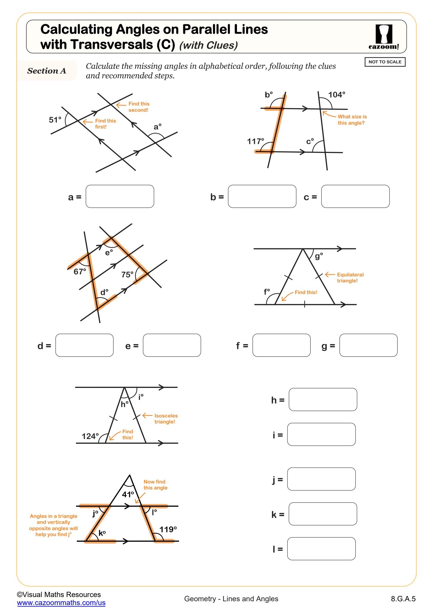 Calculating Angles On Parallel Lines With Transversals C with Clues Worksheet 8th Grade PDF Worksheets Cazoom Math Calculating Angles On Parallel Lines With Transversals C with Clues Worksheet 8th Grade PDF Worksheets Cazoom Math
