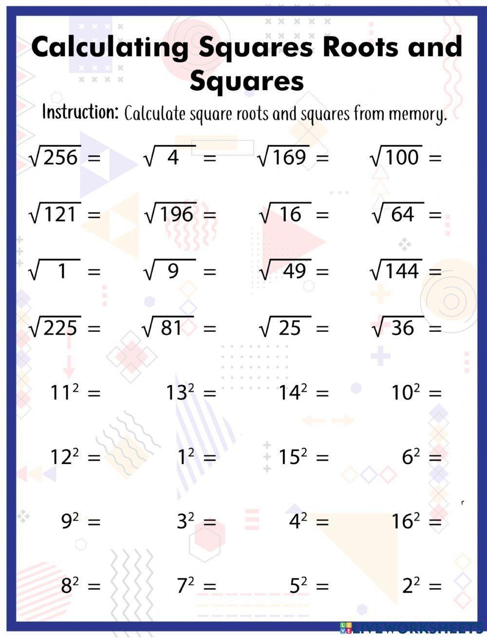 Calculating Squares Roots And Squares Kellyfrindell Worksheets Library
