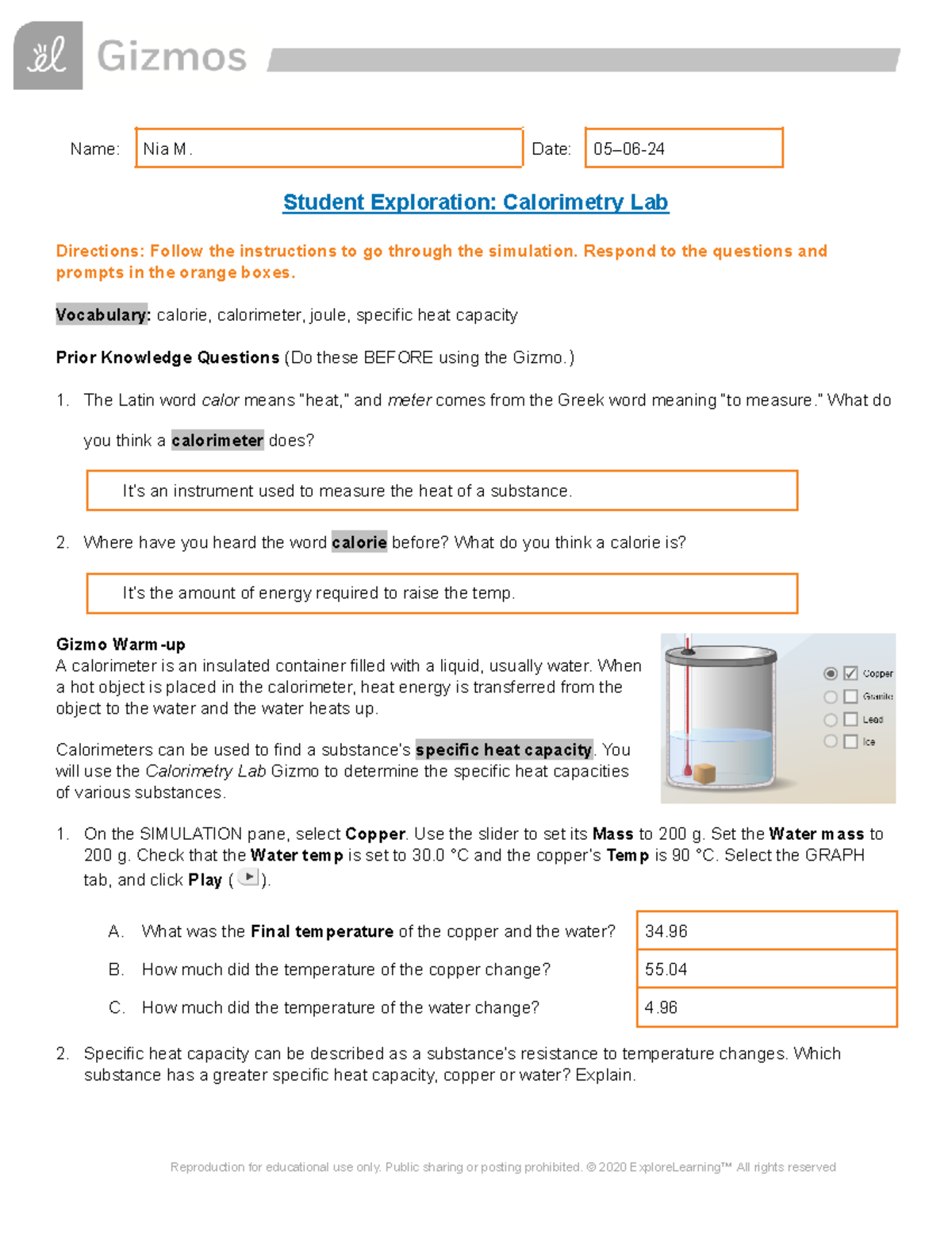 Calorimetry Lab Exploration SE Measuring Heat Capacities And Changes Studocu