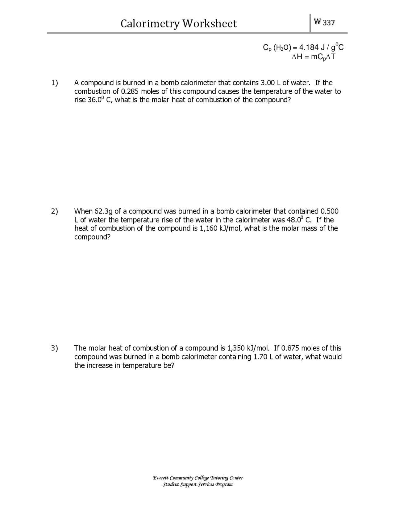 Calorimetry Worksheet 3 Questions With Solutions Exercises Chemistry Docsity