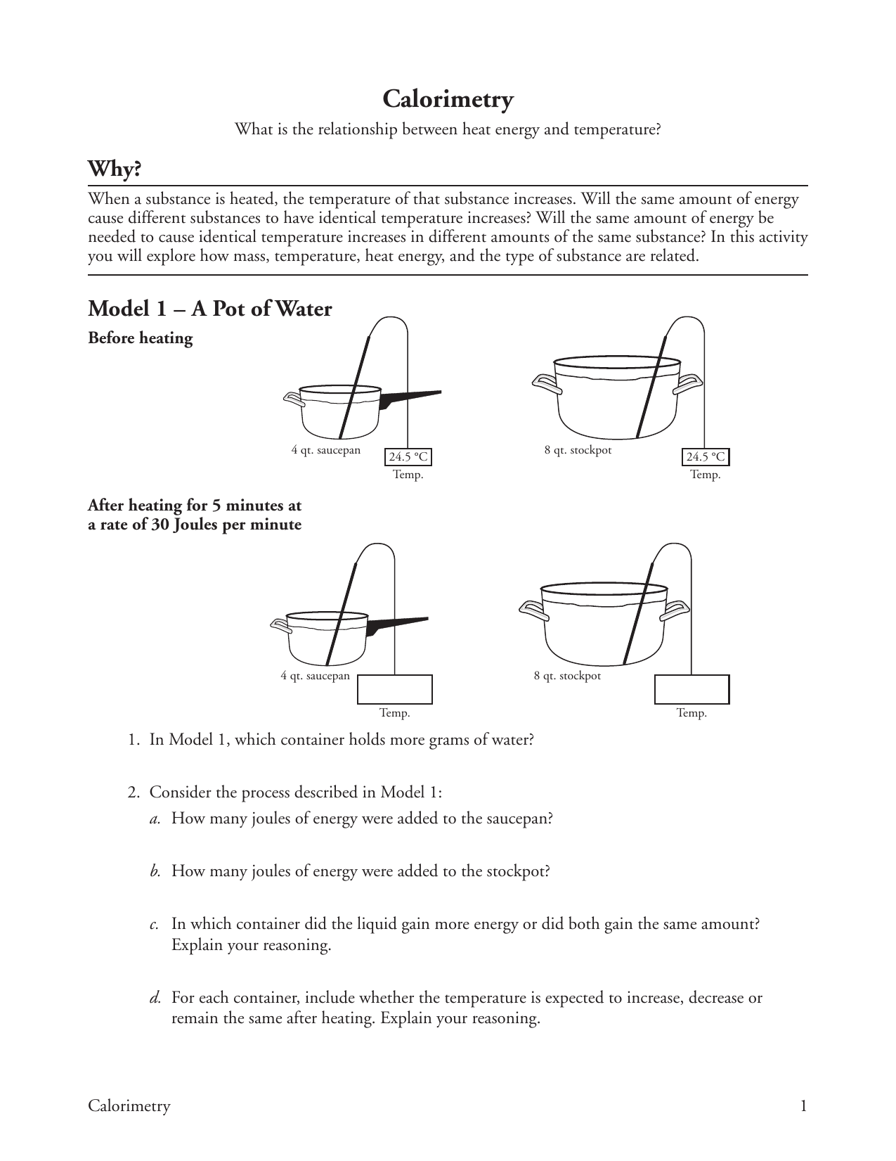 Calorimetry Worksheet Heat Temperature And Energy