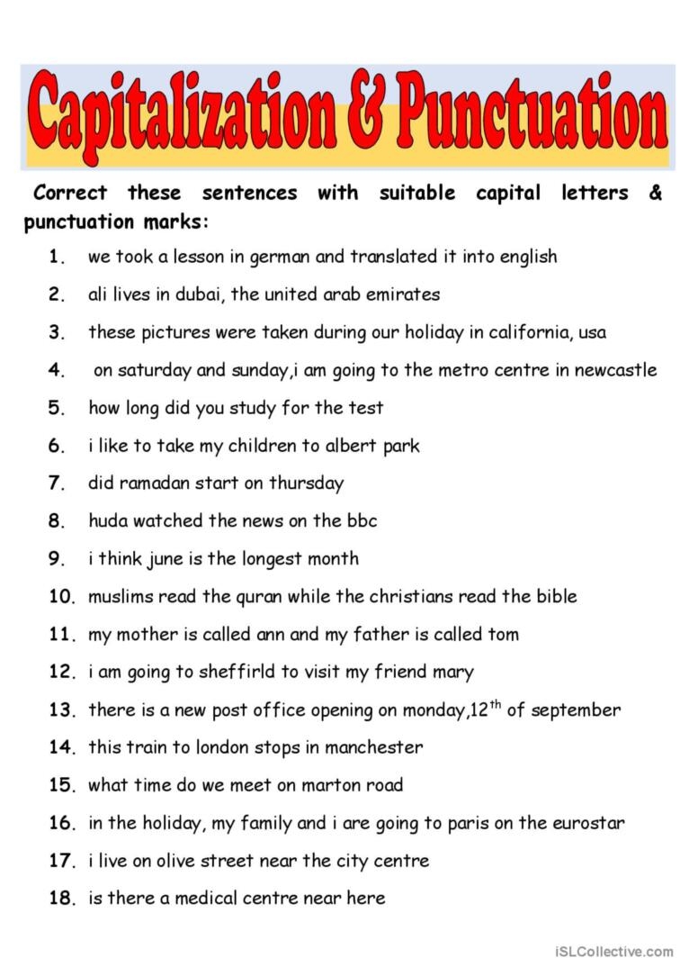 Capitalization Punctuation English ESL Worksheets Pdf Doc