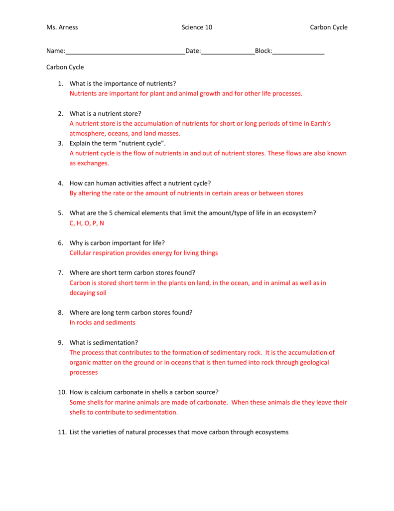 Carbon Cycle Worksheet Science 10
