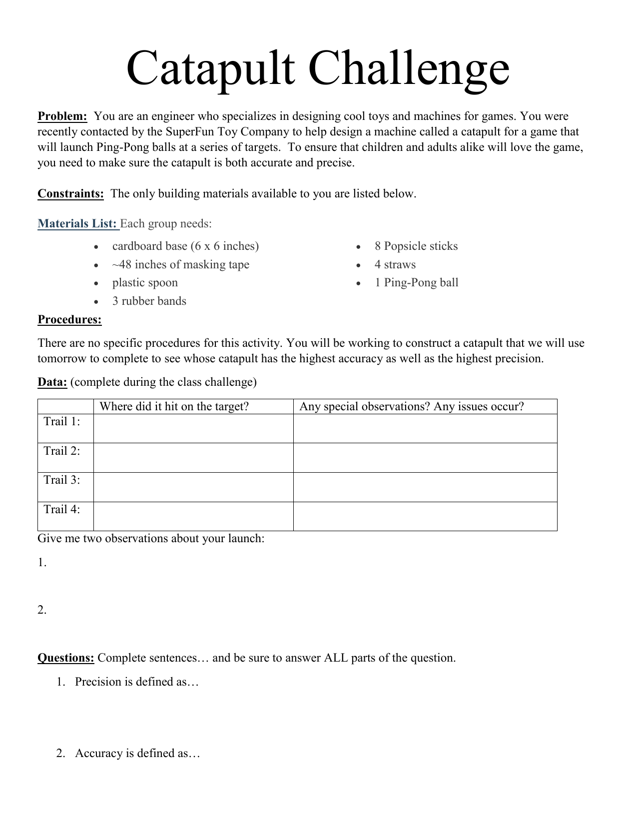 Catapult Challenge Engineering Design Accuracy