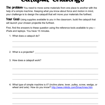 Catapult Challenge Force Motion Simple Machines Worksheet